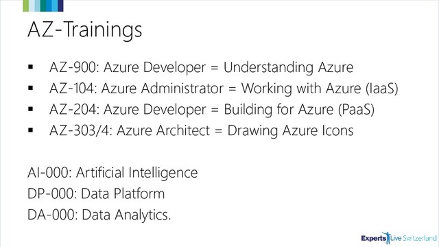 AZ-Trainings
▪ AZ-900: Azure Developer = Understanding Azure
▪ AZ-104: Azure Administrator = Working with Azure (IaaS)
▪ AZ-204: Azure Developer = Building for Azure (PaaS)
▪ AZ-303/4: Azure Architect = Drawing Azure Icons
AI-000: Artificial Intelligence
DP-000: Data Platform
DA-000: Data Analytics.
