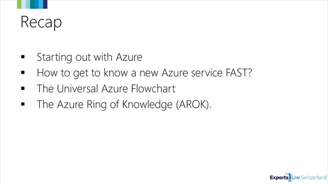 Recap
▪ Starting out with Azure
▪ How to get to know a new Azure service FAST?
▪ The Universal Azure Flowchart
▪ The Azure Ring of Knowledge (AROK).
