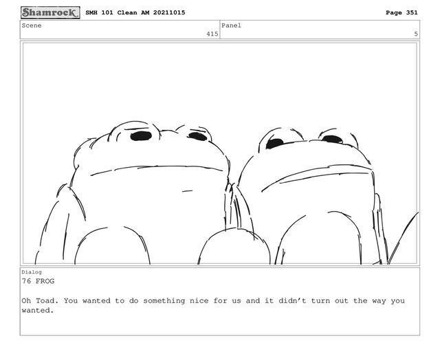 Scene
415
Panel
5
Dialog
76 FROG
Oh Toad. You wanted to do something nice for us and it didn’t turn out the way you
wanted.
SMH 101 Clean AM 20211015 Page 351
