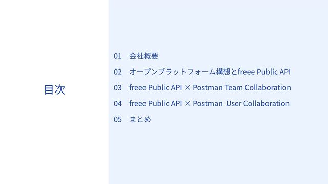 3
⽬次
01 会社概要
02 オープンプラットフォーム構想とfreee Public API
03 freee Public API × Postman Team Collaboration
04 freee Public API × Postman User Collaboration
05 まとめ
