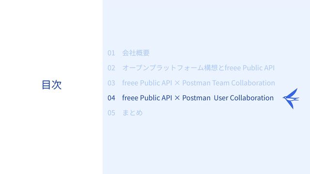 40
⽬次
01 会社概要
02 オープンプラットフォーム構想とfreee Public API
03 freee Public API × Postman Team Collaboration
04 freee Public API × Postman User Collaboration
05 まとめ
