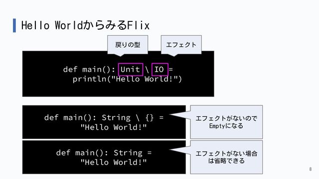 Hello WorldからみるFlix
8
def main(): Unit \ IO =
println("Hello World!")
戻りの型 エフェクト
def main(): String \ {} =
"Hello World!"
def main(): String =
"Hello World!"
エフェクトがないので
Emptyになる
エフェクトがない場合
は省略できる
