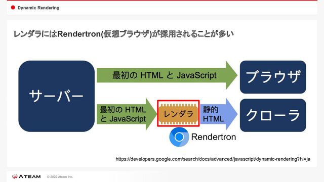 © 2022 Ateam Inc.
https://developers.google.com/search/docs/advanced/javascript/dynamic-rendering?hl=ja
Dynamic Rendering
レンダラに Rendertron(仮想ブラウザ)が採用されることが多い
Rendertron
