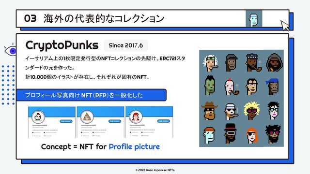 © 2022 Rare Japanese NFTs
海外の代表的なコレクション
03
CryptoPunks
イーサリアム上の1枚限定発行型のNFTコレクションの先駆け。ERC721スタ
ンダードの元を作った。
計10,000個のイラストが存在し、それぞれが固有のNFT。
プロフィール写真向け NFT（PFP）を一般化した
Concept = NFT for Profile picture
Since 2017.6

