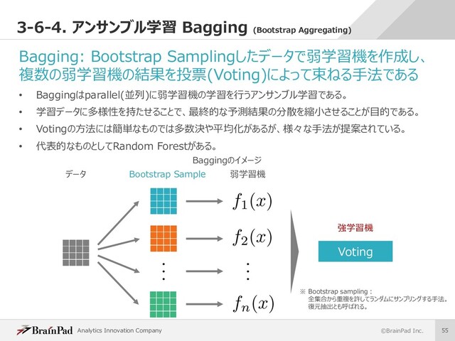 Analytics Innovation Company ©BrainPad Inc. 55
3-6-4. アンサンブル学習 Bagging (Bootstrap Aggregating)
Bagging: Bootstrap Samplingしたデータで弱学習機を作成し、
複数の弱学習機の結果を投票(Voting)によって束ねる⼿法である
• Baggingはparallel(並列)に弱学習機の学習を⾏うアンサンブル学習である。
• 学習データに多様性を持たせることで、最終的な予測結果の分散を縮⼩させることが⽬的である。
• Votingの⽅法には簡単なものでは多数決や平均化があるが、様々な⼿法が提案されている。
• 代表的なものとしてRandom Forestがある。
Bootstrap Sample 弱学習機
データ
Voting
強学習機
Baggingのイメージ
※ Bootstrap sampling︓
全集合から重複を許してランダムにサンプリングする⼿法。
復元抽出とも呼ばれる。
