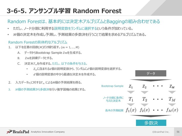 Analytics Innovation Company ©BrainPad Inc. 56
3-6-5. アンサンブル学習 Random Forest
Random Forestは、基本的には決定⽊アルゴリズムとBaggingの組み合わせである
• ただし、ノード分割に利⽤する説明変数をランダムに選択するという条件が加わっている。
• 個の決定⽊を作成し予測し、予測結果の多数決を⾏うことで結果を求めるアルゴリズムである。
Random Forestの具体的なアルゴリズム
1. 以下を任意の回数()だけ繰り返す。( = 1, … , )
A. データからBootstrap Sample を⽣成する。
B. を訓練データとする。
C. 決定⽊
を作成する。ただし、以下の条件を与える。
• 
に含まれる個の説明変数から、ランダムに‘個の説明変数を選択する。
• ’個の説明変数の中から最適な決定⽊を作成する。
2. ⼊⼒データ
に対する
による個の予測結果を得る。
3. 個の予測結果から多数決を⾏い強学習機の結果とする。
データ
Bootstrap Sample
ノード分割に条件に
与えた決定⽊
各⽊の予測結果
h
i
j
多数決
