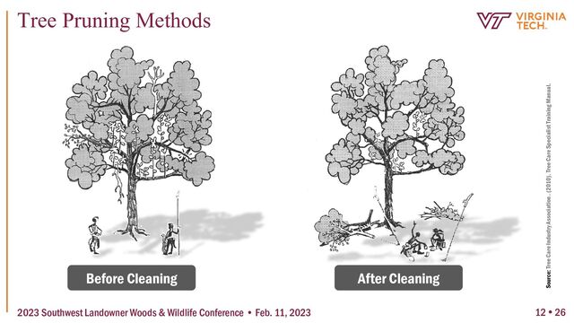 12  26
Tree Pruning Methods
2023 Southwest Landowner Woods & Wildlife Conference • Feb. 11, 2023
Before Cleaning After Cleaning
Source: Tree Care Industry Association . (2010). Tree Care Specialist Training Manual.
