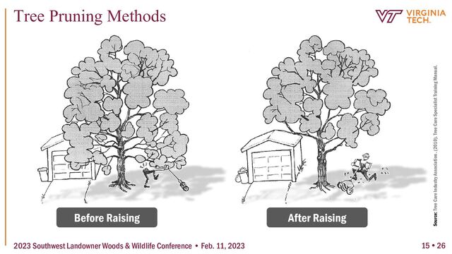 15  26
Tree Pruning Methods
2023 Southwest Landowner Woods & Wildlife Conference • Feb. 11, 2023
Before Raising After Raising
Source: Tree Care Industry Association . (2010). Tree Care Specialist Training Manual.
