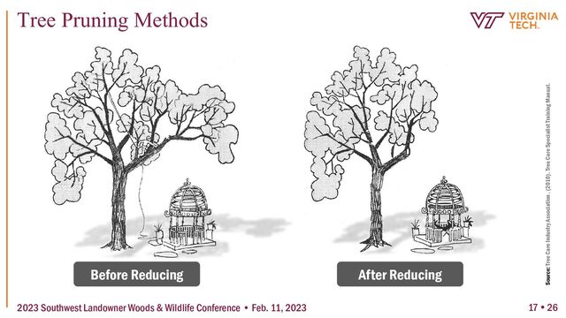 17  26
Tree Pruning Methods
2023 Southwest Landowner Woods & Wildlife Conference • Feb. 11, 2023
Before Reducing After Reducing
Source: Tree Care Industry Association . (2010). Tree Care Specialist Training Manual.
