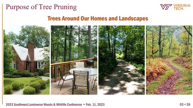 03  26
Purpose of Tree Pruning
2023 Southwest Landowner Woods & Wildlife Conference • Feb. 11, 2023
Trees Around Our Homes and Landscapes
