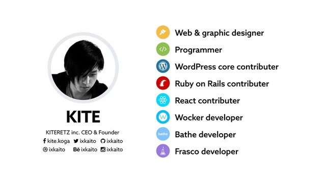 KITE
KITERETZ inc. CEO & Founder
­ kite.koga ¬ ixkaito ® ixkaito
Ŷ ixkaito Ʃ ixkaito ŧ ixkaito
Web & graphic designer
Programmer
WordPress core contributer
Ruby on Rails contributer
React contributer
Wocker developer
Bathe developer
Frasco developer
