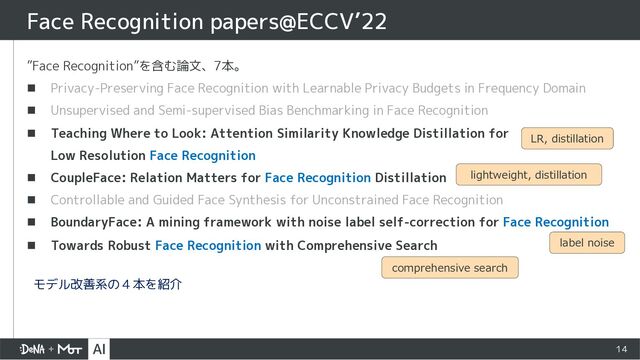 14
”Face Recognition”を含む論文、7本。
n Privacy-Preserving Face Recognition with Learnable Privacy Budgets in Frequency Domain
n Unsupervised and Semi-supervised Bias Benchmarking in Face Recognition
n Teaching Where to Look: Attention Similarity Knowledge Distillation for
Low Resolution Face Recognition
n CoupleFace: Relation Matters for Face Recognition Distillation
n Controllable and Guided Face Synthesis for Unconstrained Face Recognition
n BoundaryFace: A mining framework with noise label self-correction for Face Recognition
n Towards Robust Face Recognition with Comprehensive Search
Face Recognition papers@ECCV’22
モデル改善系の４本を紹介
LR, distillation
lightweight, distillation
label noise
comprehensive search

