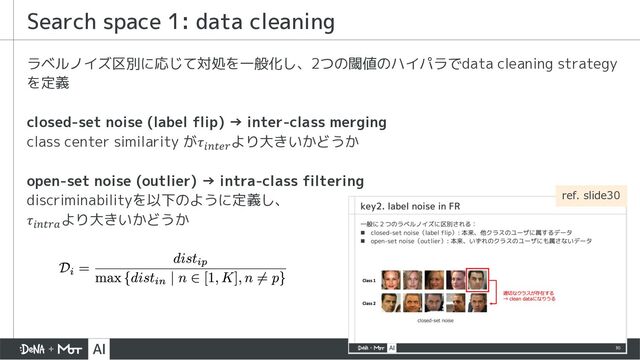36
ラベルノイズ区別に応じて対処を一般化し、2つの閾値のハイパラでdata cleaning strategy
を定義
closed-set noise (label flip) → inter-class merging
class center similarity が𝜏*:-;<
より大きいかどうか
open-set noise (outlier) → intra-class filtering
discriminabilityを以下のように定義し、
𝜏*:-<=
より大きいかどうか
Search space 1: data cleaning
ref. slide30
