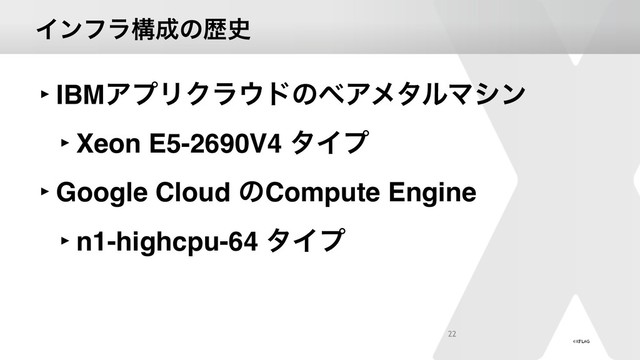 Πϯϑϥߏ੒ͷྺ࢙
‣IBMΞϓϦΫϥ΢υͷϕΞϝλϧϚγϯ
‣Xeon E5-2690V4 λΠϓ
‣Google Cloud ͷCompute Engine
‣n1-highcpu-64 λΠϓ
22
