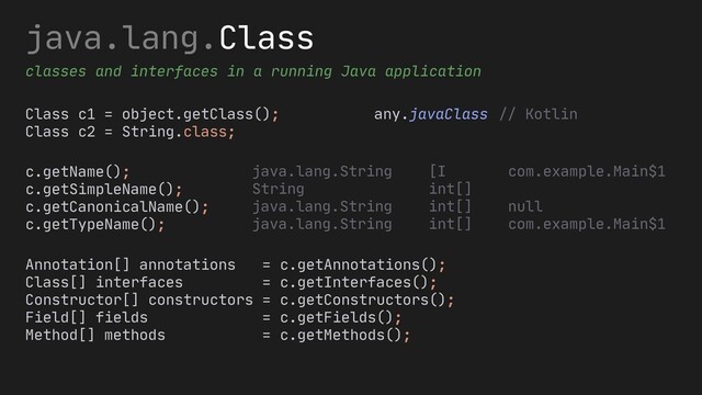 java.lang.Class
classes and interfaces in a running Java application
Class c1 = object.getClass();
Class c2 = String.class;
any.javaClass
c.getName();
c.getSimpleName();
c.getCanonicalName();
c.getTypeName();
Annotation[] annotations = c.getAnnotations();
Class[] interfaces = c.getInterfaces();
Constructor[] constructors = c.getConstructors();
Field[] fields = c.getFields();
Method[] methods = c.getMethods();
// Kotlin
[I
int[]
int[]
int[]
java.lang.String
String
java.lang.String
java.lang.String
com.example.Main$1
null
com.example.Main$1
