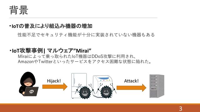 背景
・IoTの普及により組込み機器の増加
性能不⾜でセキュリティ機能が⼗分に実装されていない機器もある
・IoT攻撃事例| マルウェア”Mirai”
Miraiによって乗っ取られたIoT機器はDDoS攻撃に利⽤され、
AmazonやTwitterといったサービスをアクセス困難な状態に陥れた。
Attack!
3
Hijack!
