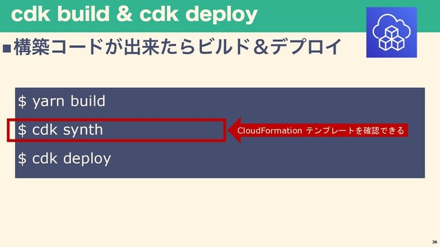 DEL CVJMEDEL EFQMPZ
nߏஙίʔυ͕ग़དྷͨΒϏϧυˍσϓϩΠ
36
$ yarn build
$ cdk synth
$ cdk deploy
CloudFormation テンプレートを確認できる
