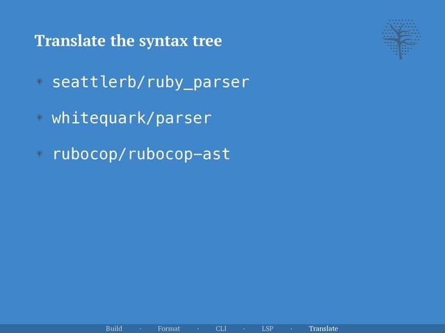 Translate the syntax tree
seattlerb/ruby_parser


whitequark/parser


rubocop/rubocop-ast
Build · Format · CLI · LSP · Translate
