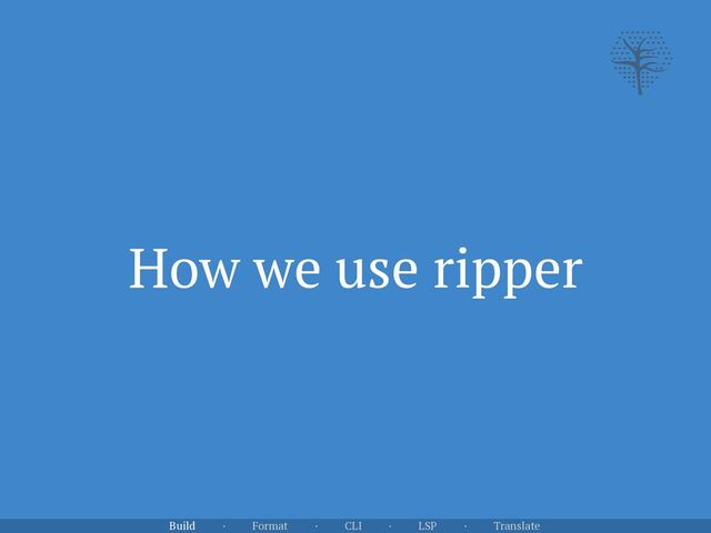 How we use ripper
Build · Format · CLI · LSP · Translate

