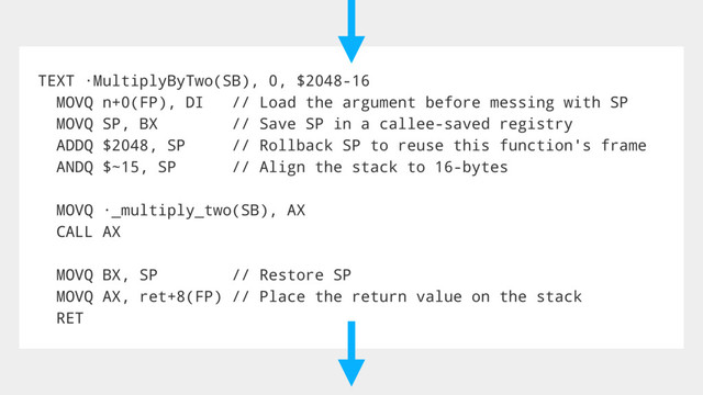 TEXT ·MultiplyByTwo(SB), 0, $2048-16
MOVQ n+0(FP), DI // Load the argument before messing with SP
MOVQ SP, BX // Save SP in a callee-saved registry
ADDQ $2048, SP // Rollback SP to reuse this function's frame
ANDQ $~15, SP // Align the stack to 16-bytes
MOVQ ·_multiply_two(SB), AX
CALL AX
MOVQ BX, SP // Restore SP
MOVQ AX, ret+8(FP) // Place the return value on the stack
RET
