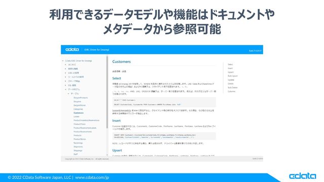 © 2022 CData Software Japan, LLC | www.cdata.com/jp
利用できるデータモデルや機能はドキュメントや
メタデータから参照可能
