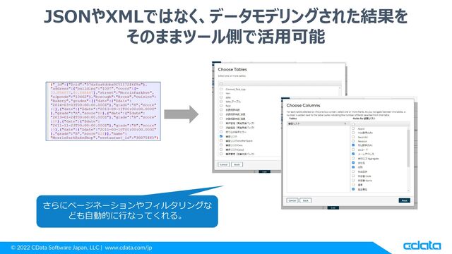 © 2022 CData Software Japan, LLC | www.cdata.com/jp
JSONやXMLではなく、データモデリングされた結果を
そのままツール側で活用可能
さらにページネーションやフィルタリングな
ども自動的に行なってくれる。
