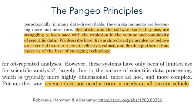 The Pangeo Principles
Robinson, Hamman & Abernathy: https://arxiv.org/abs/1908.03356
