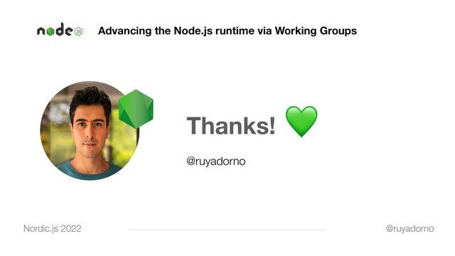 Advancing the Node.js runtime via Working Groups
Thanks!
💚


@ruyadorno
@ruyadorno
Nordic.js 2022
