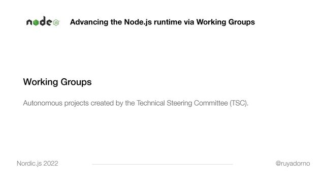 Advancing the Node.js runtime via Working Groups
Working Groups


Autonomous projects created by the Technical Steering Committee (TSC).


@ruyadorno
Nordic.js 2022
