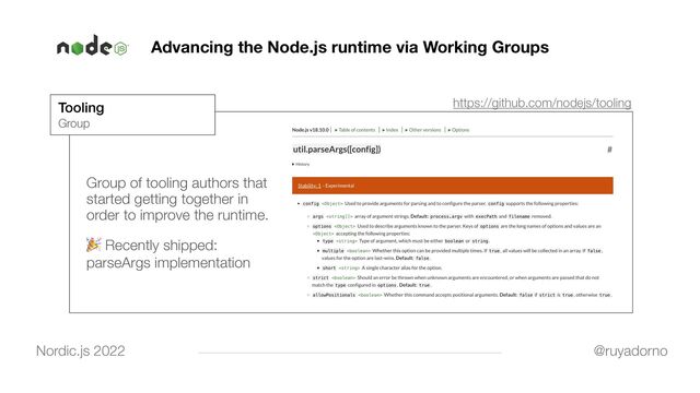 Advancing the Node.js runtime via Working Groups
@ruyadorno
Nordic.js 2022
Tooling


Group
https://github.com/nodejs/tooling
Group of tooling authors that
started getting together in
order to improve the runtime.


🎉 Recently shipped:
parseArgs implementation
