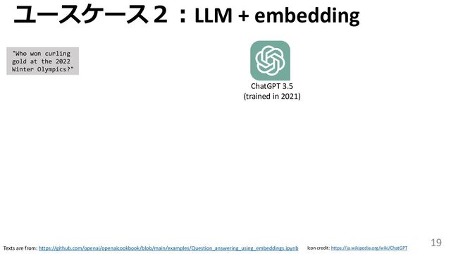 19
ユースケース２：LLM + embedding
Texts are from: https://github.com/openai/openaicookbook/blob/main/examples/Question_answering_using_embeddings.ipynb Icon credit: https://ja.wikipedia.org/wiki/ChatGPT
"Who won curling
gold at the 2022
Winter Olympics?"
ChatGPT 3.5
(trained in 2021)
