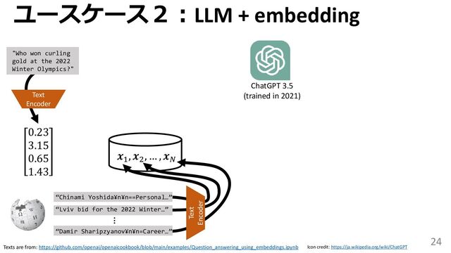 24
ユースケース２：LLM + embedding
0.23
3.15
0.65
1.43
𝒙1
, 𝒙2
, … , 𝒙𝑁
Texts are from: https://github.com/openai/openaicookbook/blob/main/examples/Question_answering_using_embeddings.ipynb Icon credit: https://ja.wikipedia.org/wiki/ChatGPT
"Who won curling
gold at the 2022
Winter Olympics?"
ChatGPT 3.5
(trained in 2021)
“Damir Sharipzyanov¥n¥n=Career…”
“Lviv bid for the 2022 Winter…”
…
Text
Encoder
“Chinami Yoshida¥n¥n==Personal…”
Text
Encoder

