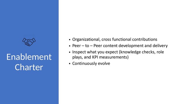 Enablement
Charter
• Organizational, cross functional contributions
• Peer – to – Peer content development and delivery
• Inspect what you expect (knowledge checks, role
plays, and KPI measurements)
• Continuously evolve
