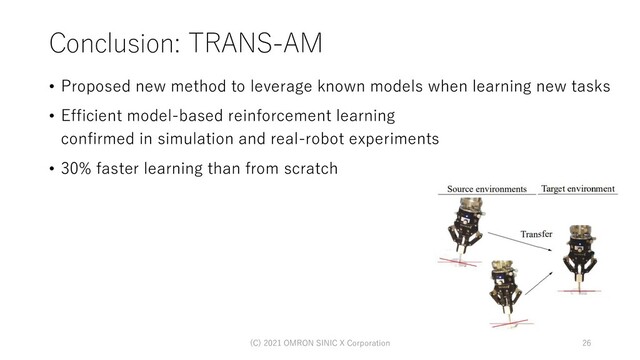 Conclusion: TRANS-AM
• Proposed new method to leverage known models when learning new tasks
• Efficient model-based reinforcement learning
confirmed in simulation and real-robot experiments
• 30% faster learning than from scratch
26
(C) 2021 OMRON SINIC X Corporation

