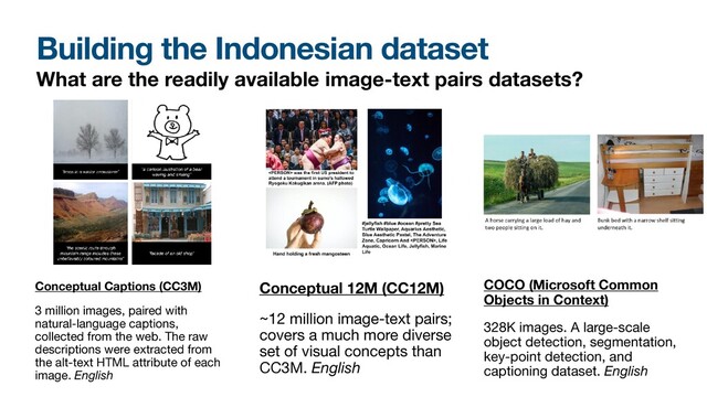 Building the Indonesian dataset
What are the readily available image-text pairs datasets?
Conceptual 12M (CC12M)
~12 million image-text pairs;
covers a much more diverse
set of visual concepts than
CC3M. English
Conceptual Captions (CC3M)
3 million images, paired with
natural-language captions,
collected from the web. The raw
descriptions were extracted from
the alt-text HTML attribute of each
image. English
COCO (Microsoft Common
Objects in Context)
328K images. A large-scale
object detection, segmentation,
key-point detection, and
captioning dataset. English
