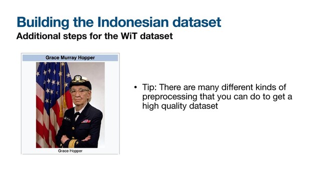 Building the Indonesian dataset
Additional steps for the WiT dataset
• Tip: There are many di
ff
erent kinds of
preprocessing that you can do to get a
high quality dataset
