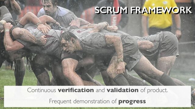 SCRUM FRAMEWORK
Continuous veriﬁcation and validation of product.
Frequent demonstration of progress
SCRUM FRAMEWORK
