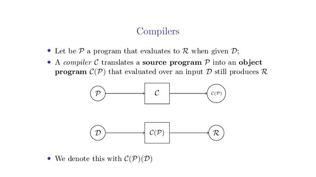 Compilers
• Let be P a program that evaluates to R when given D;
• A compiler C translates a source program P into an object
program C(P) that evaluated over an input D still produces R
P C C(P)
C(P)
D R
• We denote this with C(P)(D)
