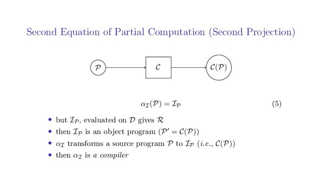 Second Equation of Partial Computation (Second Projection)
P C(P)
C
αI(P) = IP (5)
• but IP, evaluated on D gives R
• then IP is an object program (P = C(P))
• αI transforms a source program P to IP (i.e., C(P))
• then αI is a compiler
