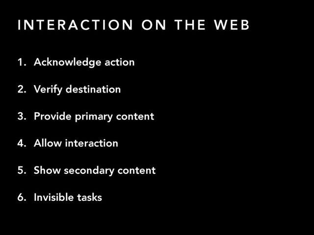 I N T E R A C T I O N O N T H E W E B
1. Acknowledge action
2. Verify destination
3. Provide primary content
4. Allow interaction
5. Show secondary content
6. Invisible tasks
