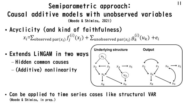 Semiparametric approach:
Causal additive models with unobserved variables
(Maeda & Shimizu, 2021)
• Acyclicity (and kind of faithfulness)
• Extends LiNGAM in two ways
– Hidden common causes
– (Additive) nonlinearity
• Can be applied to time series cases like structural VAR
(Maeda & Shimizu, in prep.)
11
𝑥!
=∑=>?@$A@B "#$(&!)
𝑓(
! (𝑥(
) + ∑CD=>?@$A@B "#$(&!)
𝑔E
! (𝑢E
) +𝑒!
Model Output
!!
!"
""
!#
!$
!%
"!
!&
!'
!!
!"
!#
!$
!%
!&
!'
Underlying structure

