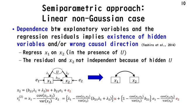Semiparametric approach:
Linear non-Gaussian case
• Dependence btw explanatory variables and the
regression residuals implies existence of hidden
variables and/or wrong causal direction (Tashiro et al., 2014)
– Regress 𝑥*
on 𝑥9
(in the presence of 𝑈)
– The residual and 𝑥9
not independent because of hidden 𝑈
10
𝑥! 𝑥"
𝑈
𝑥!
𝑥"
𝑒"
𝑒!
𝑟"
(!) = 𝑥" −
cov 𝑥", 𝑥!
var 𝑥!
𝑥!
𝑥! = (𝑏!"𝜆" + 𝜆!)𝑢 + 𝑏!"𝑒" + 𝑒!
= 𝜆" − &'( )",)!
(+, )!
𝑏!"𝜆" + 𝜆! 𝑢 + 1 − &'( )",)!
(+, )!
𝑏!" 𝑒" − &'( )",)!
(+, )!
𝑒!
𝜆#
𝜆$
𝑏$#

