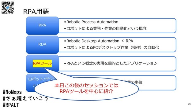 #NoMaps
#さぁ超えていこう
#RPALT 26
•Robotic Process Automation
•ロボットによる業務・作業の自動化という概念
RPA
•Robotic Desktop Automation ＜ RPA
•ロボットによるPCデスクトップ作業（操作）の自動化
RDA
•RPAという概念の実現を目的としたアプリケーション
RPAツール
•RPAツールで自動化を行う業務・作業の単位
ロボット/デジタ
ルレイバー
RPA用語
本日この後のセッションでは
RPAツールを中心に紹介
