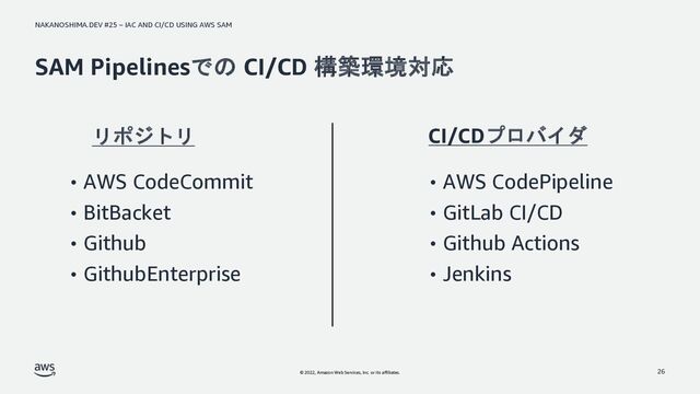 NAKANOSHIMA.DEV #25 – IAC AND CI/CD USING AWS SAM
© 2022, Amazon Web Services, Inc. or its affiliates.
SAM Pipelinesでの CI/CD 構築環境対応
リポジトリ
26
• AWS CodeCommit
• BitBacket
• Github
• GithubEnterprise
CI/CDプロバイダ
• AWS CodePipeline
• GitLab CI/CD
• Github Actions
• Jenkins
