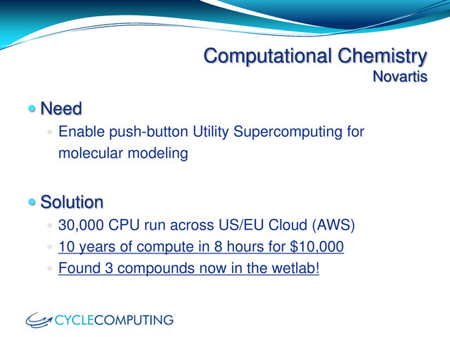 Computational Chemistry
Novartis
 Need
 Enable push-button Utility Supercomputing for
molecular modeling
 Solution
 30,000 CPU run across US/EU Cloud (AWS)
 10 years of compute in 8 hours for $10,000
 Found 3 compounds now in the wetlab!

