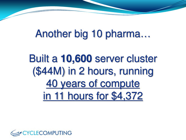 Another big 10 pharma…
Built a 10,600 server cluster
($44M) in 2 hours, running
40 years of compute
in 11 hours for $4,372
