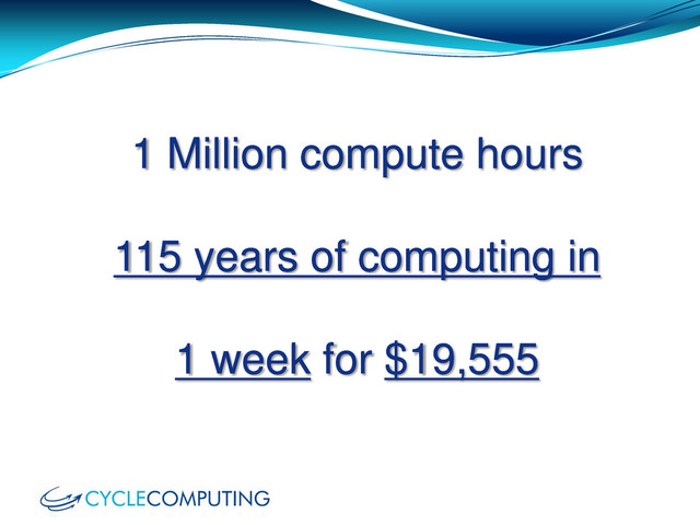 1 Million compute hours
115 years of computing in
1 week for $19,555
