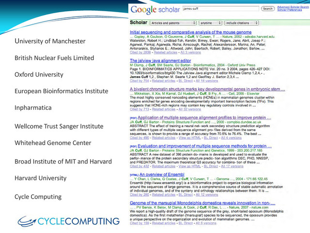 University of Manchester
British Nuclear Fuels Limited
Oxford University
European Bioinformatics Institute
Inpharmatica
Wellcome Trust Sanger Institute
Whitehead Genome Center
Broad Institute of MIT and Harvard
Harvard University
Cycle Computing
