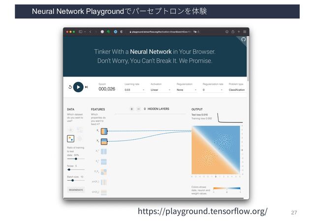 Neural Network Playgroundでパーセプトロンを体験
27
https://playground.tensorflow.org/
