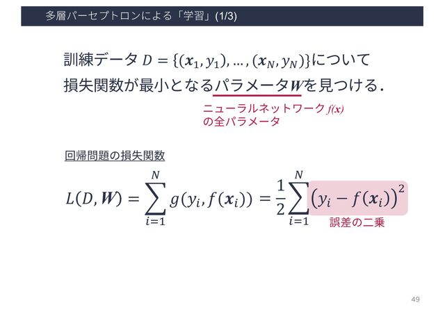 多層パーセプトロンによる「学習」(1/3)
𝐿 𝐷, W = 0
&'!
(
𝑔(𝑦&
, 𝑓(𝒙&
))
訓練データ 𝐷 = (𝒙)
, 𝑦)
, …, (𝒙*
, 𝑦*
)}について
損失関数が最⼩となるパラメータWを⾒つける．
ニューラルネットワーク f(x)
の全パラメータ
=
1
2
0
&'!
(
𝑦&
− 𝑓 𝒙&
"
回帰問題の損失関数
誤差の⼆乗
49
